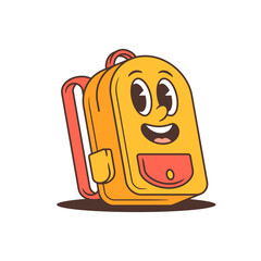 Playful cartoon school backpack with a wide open smile and expressive eyes. Perfect for children education themes, learning materials and retro cartoon school backpack mascot. Vector illustration