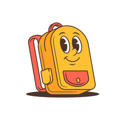 Bright yellow school backpack mascot with wide eyes, cheerful smile, and playful retro cartoon style. Great for fun educational themes, back-to-school graphics, and classic mascot designs