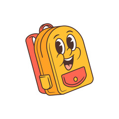 Retro cartoon school backpack mascot with lively expressive eyes, joyful open smile, and colorful coral front pocket. Perfect for educational projects, kid-friendly branding, and fun school themes