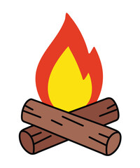 A modern flat design vector icon of a classic campfire with crossed logs and a vibrant flame, symbolizing camping, warmth, and outdoor adventure.