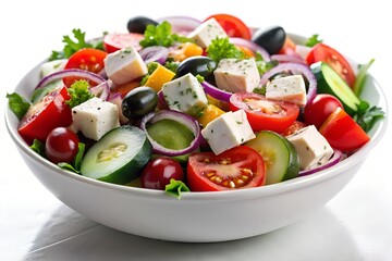 Fresh greek salad with feta cheese, olives, tomatoes, cucumbers, and red onion, isolated on white background