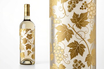 Elegant white wine bottle with golden grapevine decoration