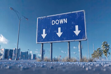 Blue road sign, "DOWN,"  on snowy roadside, city in background