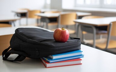 stylish backpack with apple and copybooks on desk