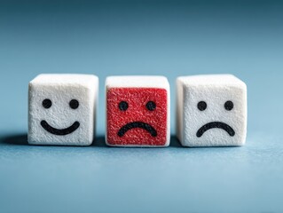 Three small white cubes, two with happy faces, one with a sad face, on a muted blue background