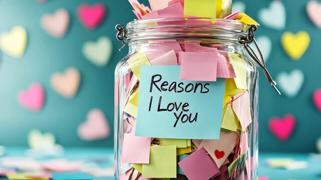 Heartfelt reasons in a jar: colorful notes with love messages against heart background