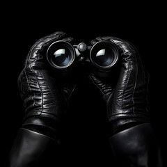 spy looking through binoculars with black gloves