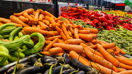 Assortment of fresh vegetables on a market stall, Eco food, organic farming, vegetarian lifestyle, and healthy natural nutrition.