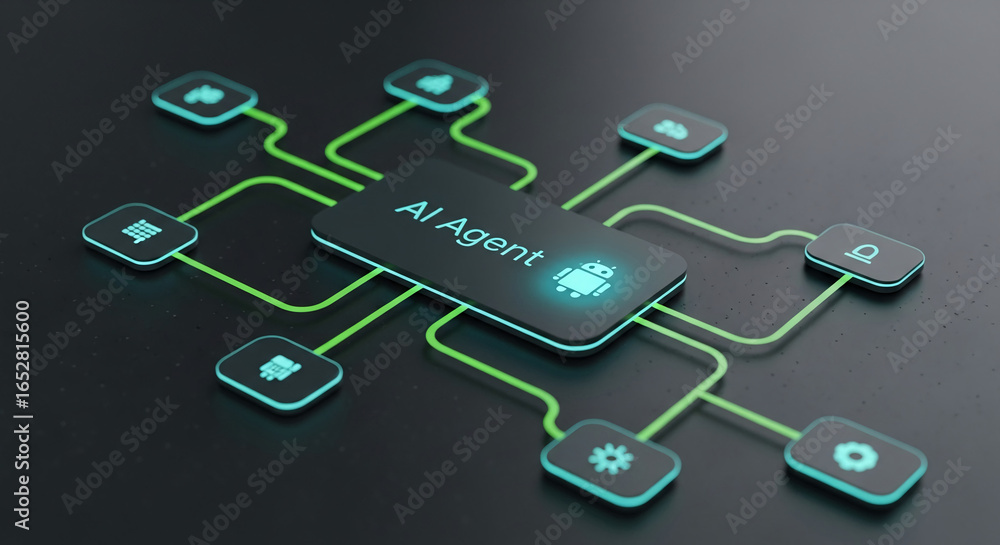 Poster abstract 3d rendering of ai agent connected to various functions via glowing lines, showcasing inter