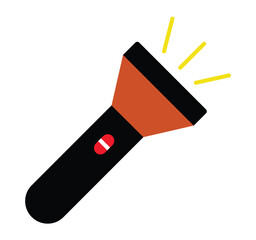 A modern flat design vector icon of a black and orange flashlight turned on, emitting yellow light beams to symbolize illumination, search, and discovery.