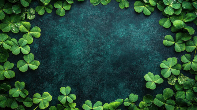 Fototapeta Lush border of vibrant green clover leaves frames textured dark green background, creating natural and serene atmosphere. Perfect for St. Patrick Day themes or nature inspired designs