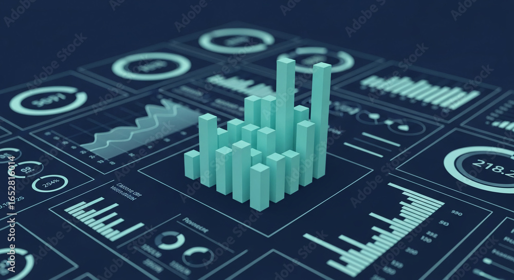 Poster 3d teal bar chart on dark-blue digital dashboard, showcasing data visualization and business analyti