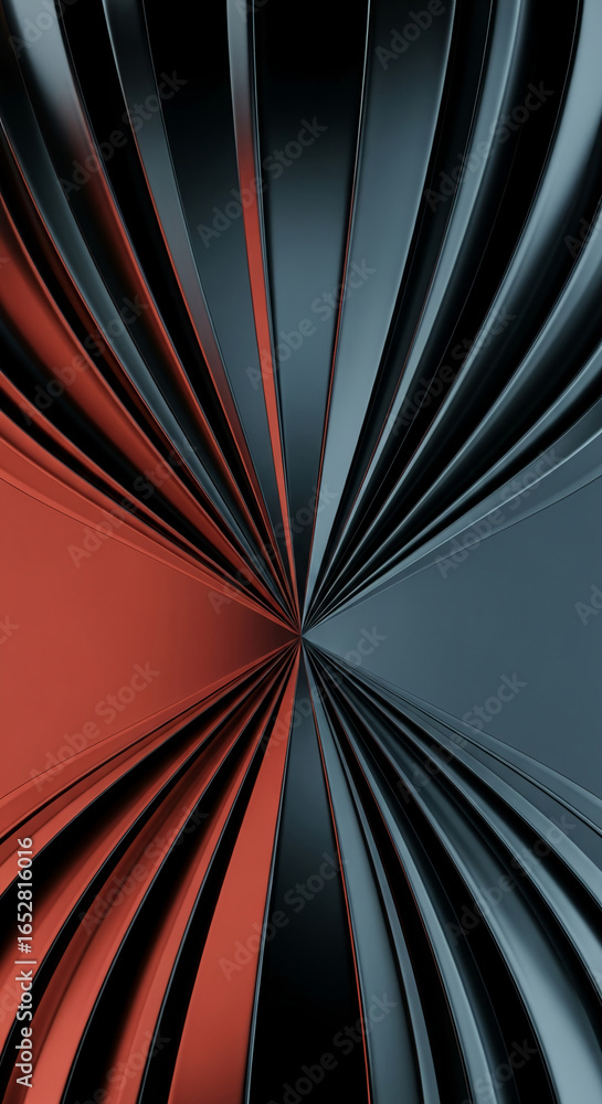 Poster abstract image of curved, metallic stripes in red and gray tones, converging at a central point, cre