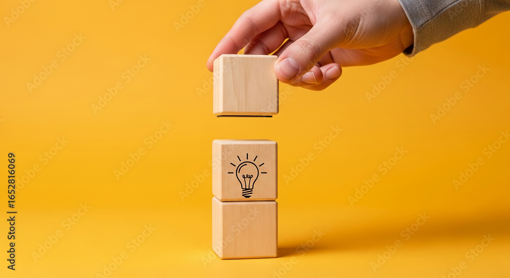 Poster hand placing wooden cube on stack, lightbulb symbol displayed, yellow background, showcasing idea ge