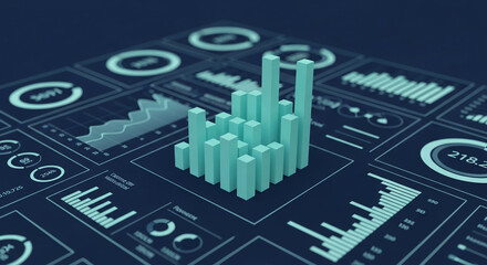 3D teal bar chart on dark-blue digital dashboard, showcasing data visualization and business analytics concept