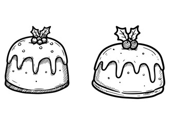 Christmas puddings with icing and holly decorations  
