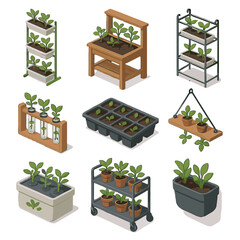 Icon hydroponic planter potting box station metal bench plant greenhouse icons vector