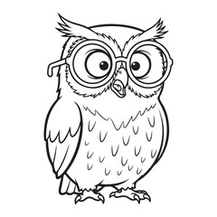 Fototapeta premium Cartoon owl with glasses in black and white illustration coloring page