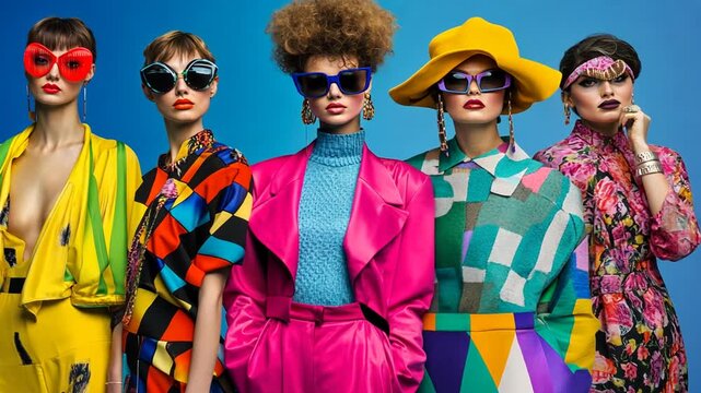 Colorful fashion models posing in vibrant outfits.