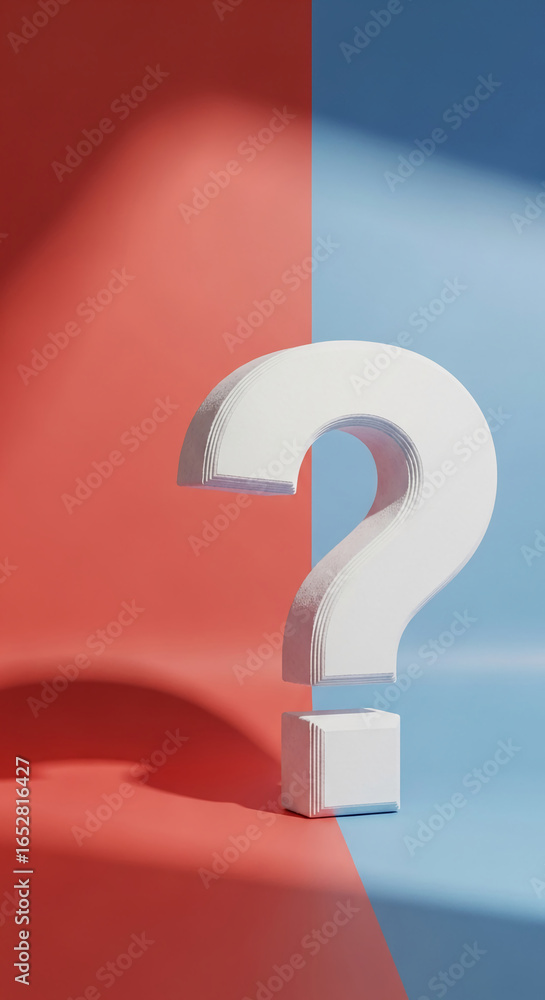 Poster white question mark on a red and blue background, standing on a small cube, creating a minimalist, i
