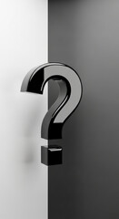 Glossy black question mark against contrasting white and black backgrounds.  Symbolises inquiry, uncertainty, decision-making, or choice. Free space for text