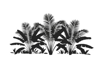 A striking black and white silhouette illustration featuring a lush tropical foliage arrangement with tall palm leaves and smaller banana plant leaves creating a dense natural border.