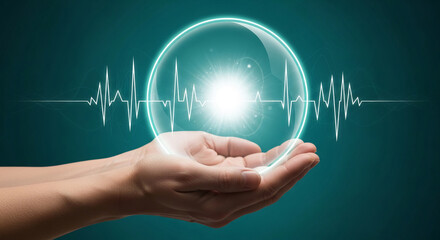 Hands gently hold glowing orb displaying heartbeat graphic, symbolizing health, care, and life energy, perfect for medical or wellness concepts