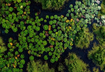 High-angle view of a pond filled with lily pads