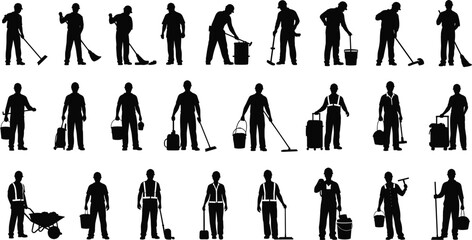 Silhouette collection of janitors, cleaners, and maintenance workers with cleaning tools, equipment, and supplies, professional hygiene service vector illustration