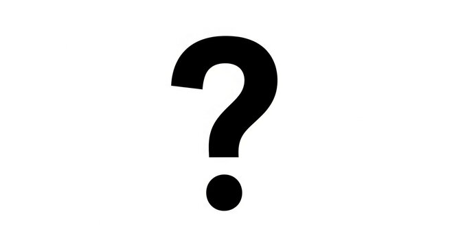 Large black question mark on white background, simple graphic design, representing inquiry, uncertainty, or question posing