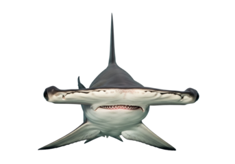 The front view of the hammerhead shark shows off its unique head shape and wide eyes. Ideal for marine biology and ocean wildlife themes. Isolated on a transparent background, png.