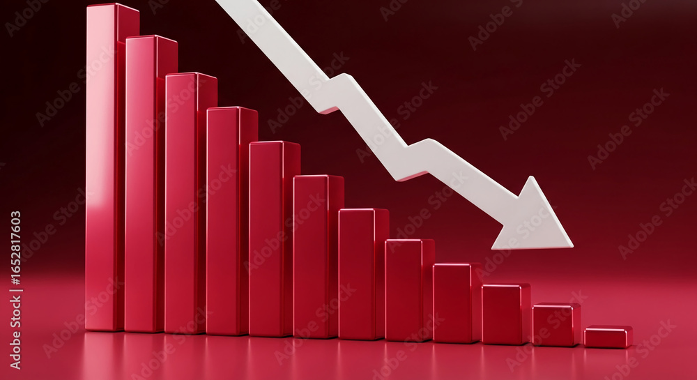 Poster 3d rendering of red bar graph declining sharply, indicated by a white downward arrow, symbolizing de