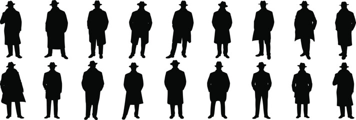 Silhouette collection of men in trench coats and fedoras, vintage detective noir style vector illustrations perfect for mystery design concepts