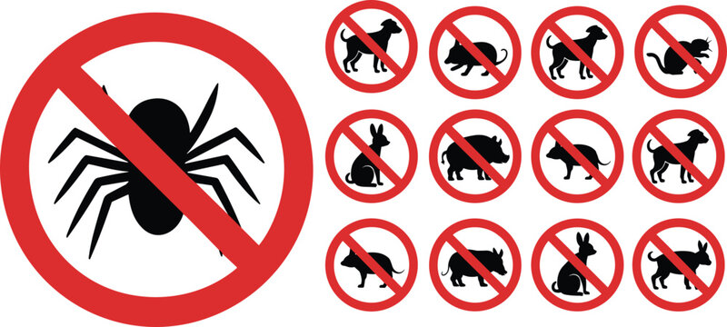 No Pets or Animals Allowed Sign, Prohibited Animal Icons, Vector Illustration with Red Circles and Slash, Pet Restriction Warning Symbols