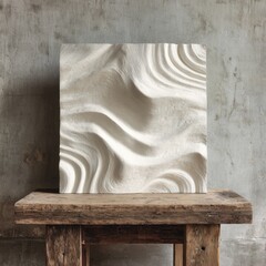 Square, light-cream, sculpted panel, abstract relief, rests on rustic wooden stool against textured wall