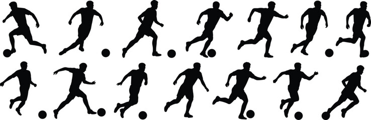 Silhouette collection of soccer players running, kicking, and dribbling footballs, male athlete vector set for sports design elements