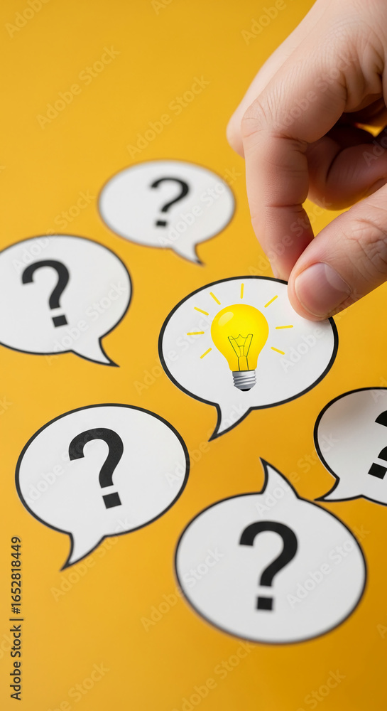 Poster hand placing lightbulb in speech bubble among question marks on yellow background, symbolizing findi