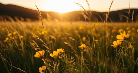 Vibrant Yellow Flowers in a Meadow Bathed in Golden Sunset Light with Lush Green Grass Blades in the Background - Powered by Adobe