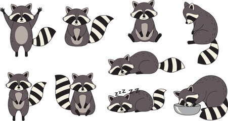 Cartoon raccoon character set with cute poses and activities, playful animal mascot design for kids, wildlife clipart, vector illustration pack © Mam's Creations