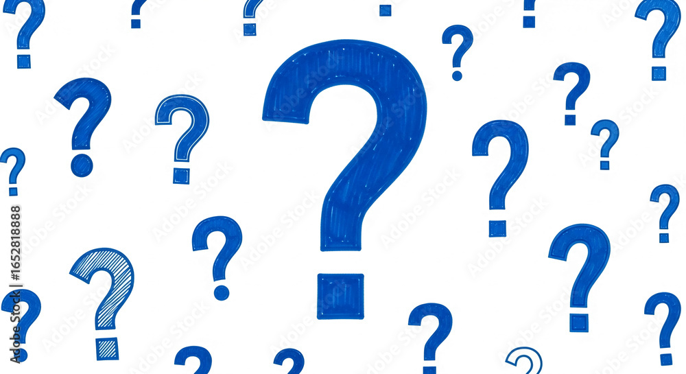 Poster hand-drawn blue question marks on white background, creating inquisitive and puzzling visual concept