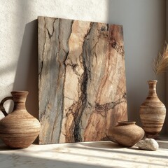 Abstract wood-grain art piece, set against a neutral background with terracotta pottery and a dried flower
