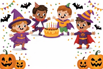 A festive Halloween celebration with children in costumes, enjoying cake and decorations, spreading joy and excitement.