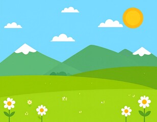 Obraz premium Scenic cartoon landscape with rolling hills, mountain peaks and floral meadows