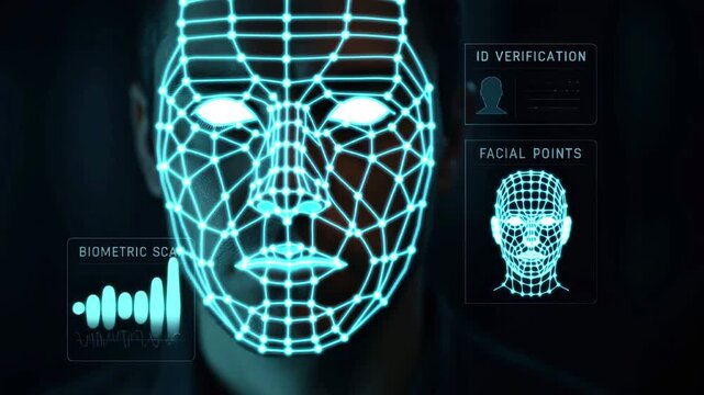 A digital representation of a human face with a grid overlay. The image illustrates biometric identification and facial recognition technology concepts.