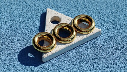 Three golden rings on a white triangle,  3D render