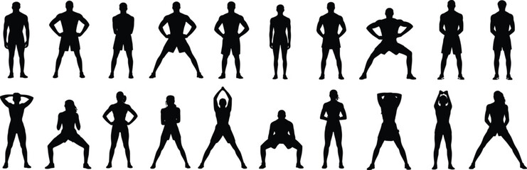 Silhouettes of diverse people in various standing poses, fitness, exercise, stretching, athletic, body movement, workout, healthy lifestyle vectorizer