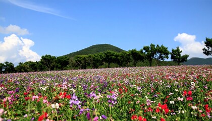 Colorful flower field, mountain backdrop