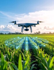 Smart farming drone analyzing crop health with a futuristic digital grid over a lush green field at sunset.