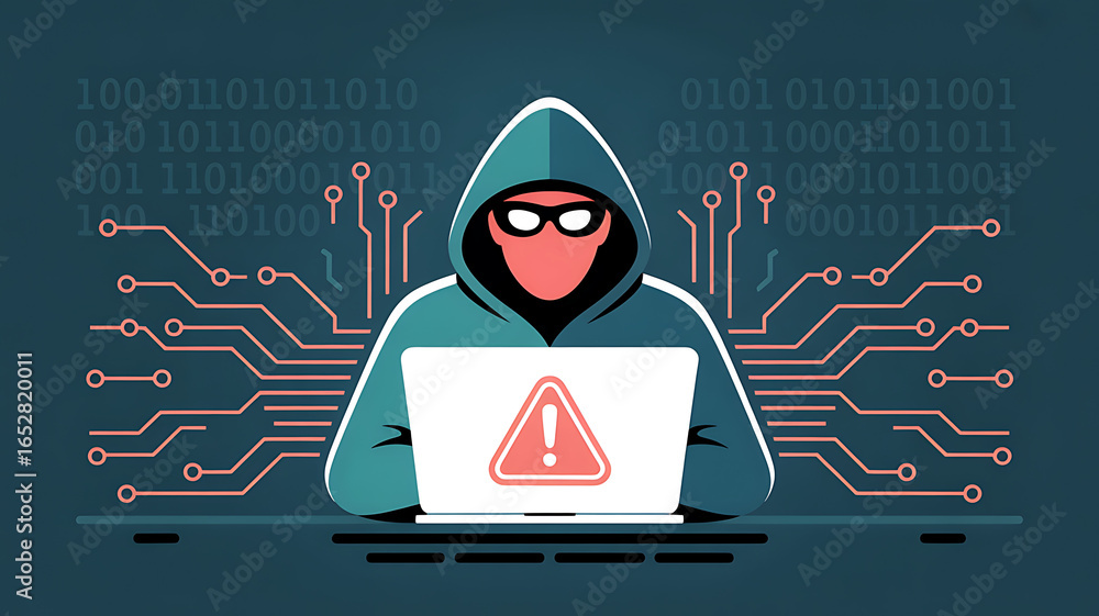 Poster anonymous hacker wearing a hooded sweatshirt and glasses working on a laptop displaying a warning sy
