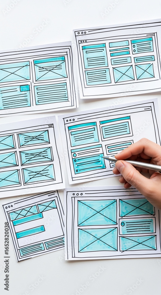 Poster hand sketching website layout on paper, showing blue design elements and mockups, representing websi